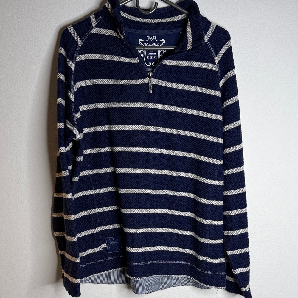 Weird Fish Blue & White Striped Quarter Zip Pullover Jumper XL